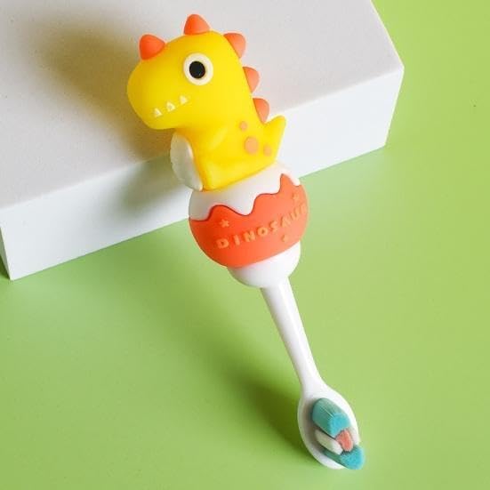 Kids Toothbrush Yellow and Orange with Soft Bristles, 3D Cartoon Dinosaur Design, 1 Pack-image-4