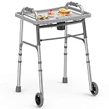 Loyoda Folding Walker with Tray, 5' Wheels Lightweight Walkers for Seniors and Adults, Supports Up to 350 Pounds, Adjustable Height, Compact Standard Walker, Silver