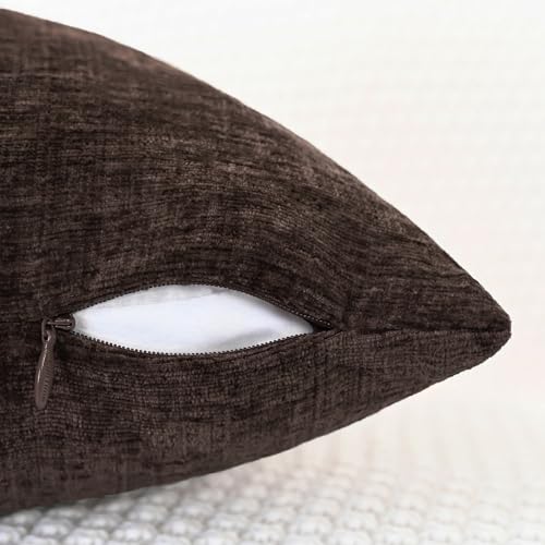 Image of CaliTime Pack of 2 Cozy Throw Pillow Covers Cases for Couch Sofa Home Decoration Solid Dyed Soft Chenille 18 X 18 Inches Coffee
