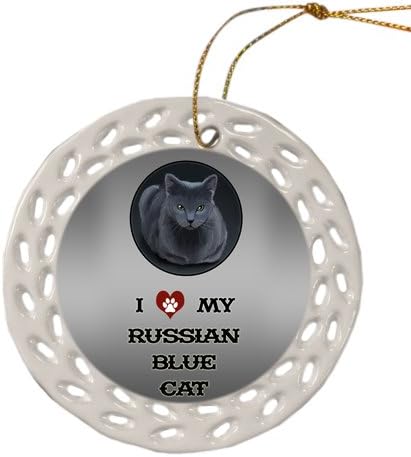 Doggie of the Day Russian Blue Cat Christmas Doily Ceramic Ornament