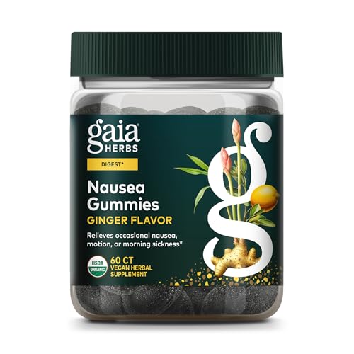 Gaia Herbs Nausea Gummies - Relieves Occasional Nausea* - with Ginger & Lemon - Ginger Flavor - 60 Vegan Gummies (30 Servings)