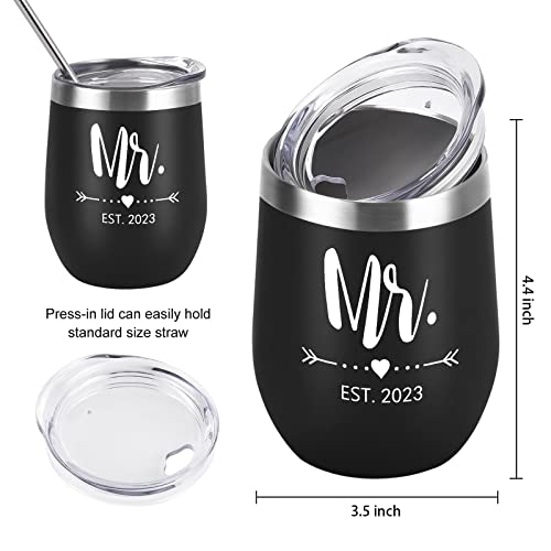 Gingprous Est 2023 Mr And Mrs Wine Tumbler, 2023 Engagement Wedding Couple Gift For Newlyweds Couples Bride To Be,12 Oz Mr Mrs Gifts Stainless Steel Wine Tumblers With Lid, Set Of 2, Black&Rose Gold #TOP5