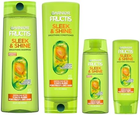 Garnier Fructis Sleek & Shine Full + Travel Size Shampoo (12.5 & 3 Fl Oz) + Conditioner (12 & 3 Fl Oz) Set for Frizzy, Dry Hair, Plant Keratin + Argan Oil (4 Items), 1 Kit (Packaging May Vary)
