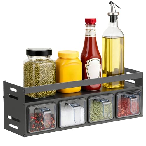 Kitchen Spice Rack, Kitchen Organizer and Storage Rack with 4 Spoons, Spice Organization for Cabinets Punch-free Wall/Countertop Home Decor Multifunctional Double Layer 4 Grid Condiment Rack, Gray
