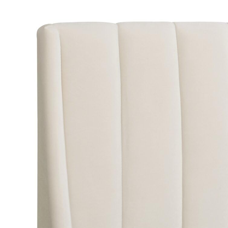 Image of HITHOS Solid Wood Modern Upholstered Queen Size Bed with Wingback Headboard | Wooden Double Bed Cot Palang Without Storage (French Beige)