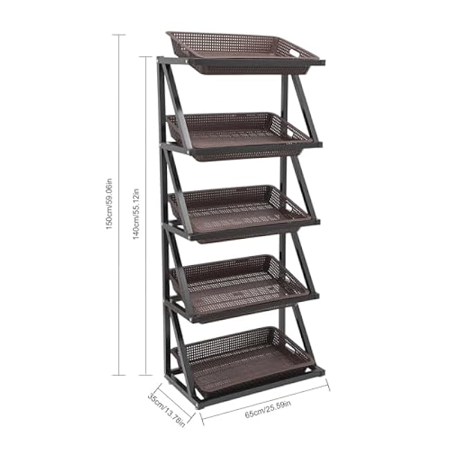 5 Tiers Commercial Supermarket Fruit Vegetable Shelf Organizer, Retail Display Rack with 5 Baskets, Snack Display Stand for Kitchen, Office, Market, 25.6'' x 13.8'' x 59'', Single Row, Coffee-4RqVoIOH