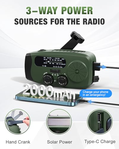 Image of Hand Crank Radio with AM /FM /NOAA Weather Bands,for Emergencies, Camping | 3 LED Flashlights,SOS Function,Solar Powered,Hand Cranked, 2000mAh /7400mWh Charger,for Power Outage - Olive Green