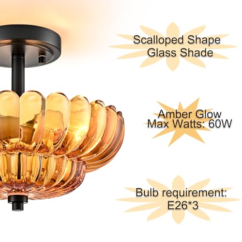 Image of Modern Amber Glass Scalloped 3-Light Flush Mount Ceiling Light Black Base | Vintage Semi Flush Mount Ceiling Light Fixture, Close to Ceiling Light Dimmable for Hallway Bedroom Entryway Kitchen