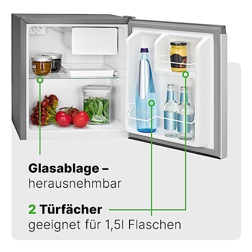 Bomann Mini Kühlschrank 45L mit Gefrierfach, leise Kühlbox klein für Küche Büro Camping und Gaming, Kühlschrank klein Türanschlag wechselbar - Minikühlschrank Getränkekühlschrank Minibar KB 7245 inox