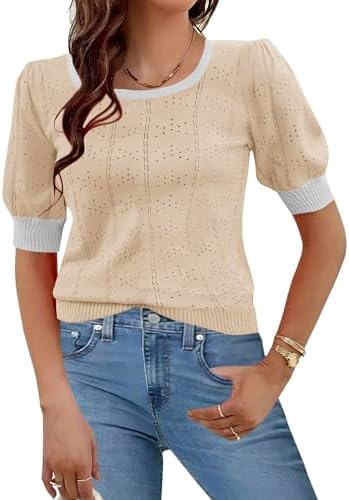 HOTOUCH Sweater for Women 2024 Fall Trendy Puff Tops Casual Eyelet Knit Square Neck Tunic Shirt Blouses S-XXL