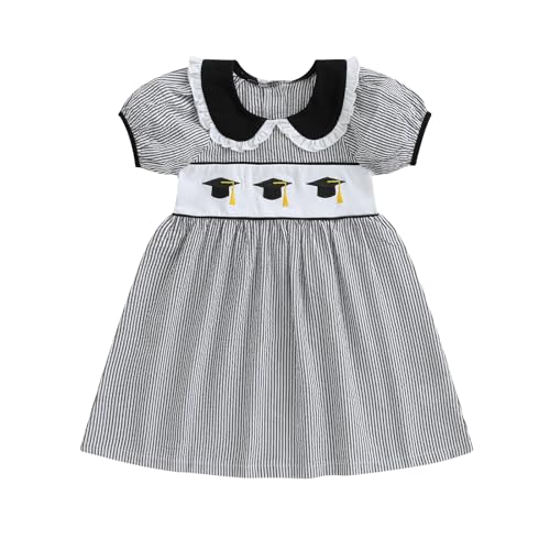 Suolongsama Toddler Girls Summer Dress Short Sleeve Graduation Cap Embroidery Dresses Kids Back to School Outfits