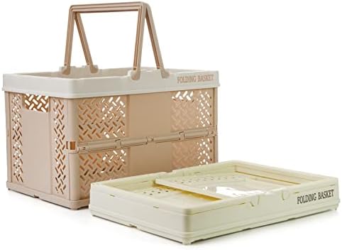 Spesh 2 Pcs Collapsible Storage Crates 31cm*22cm Mini Foldable Shopping Baskets with Handles Small Plastic Crates for Picnic,Shopping,Camping(Beige+Lightpink)