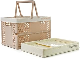 Spesh 2 Pcs Collapsible Storage Crates 31cm*22cm Mini Foldable Shopping Baskets with Handles Small Plastic Crates for Picnic,Shopping,Camping(Beige+Lightpink)