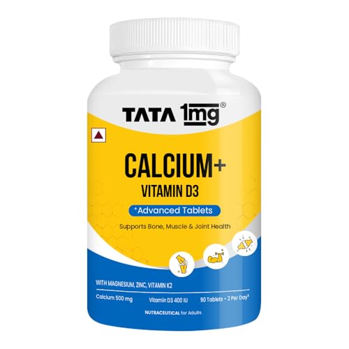 Image of TATA 1mg Calcium & Vitamin D3 supplement with Zinc, Magnesium & Alfalfa | High absorption Citrate Malate form | 500mg Calcium & 400iu Vitamin D3 | For strong bones & joints | 90 tablets