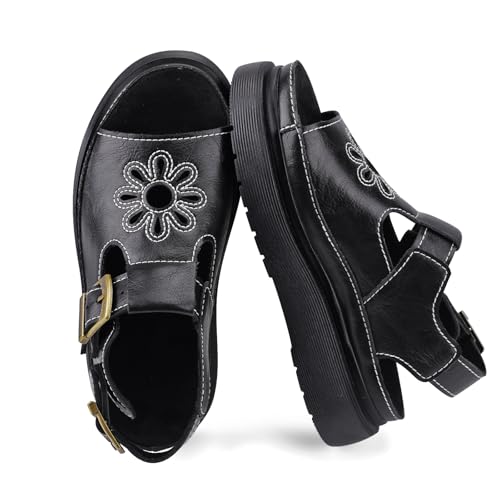 Image of Black Platform Sandals for Women Chunky Ankle Buckle Casual Open Toe Comfortable Flower Decoration Fisherman Sandals Sizes 9