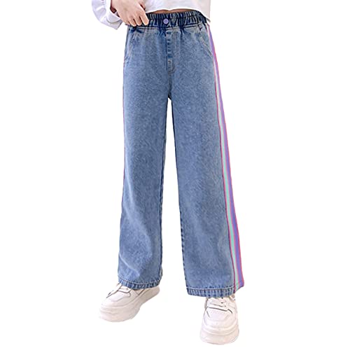 FEESHOW Kids Girls Stripe Patchwork Jeans Elastic Waist Wide Leg Denim Long Pants Trousers for Daily Wear