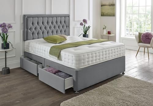 SANA SLEEP Designer Damask Memory Foam Divan Bed Set With Mattress, 2 Drawers (Same Side) and Headboard 2FT6 Small Single - Damask Grey