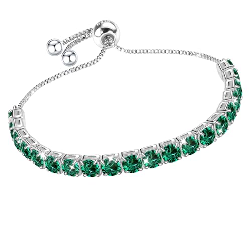 J.Fée Silver Plated Bracelets for Womens Tennis Bracelet with 4MM Green Crystal Adjustable Jewellery with Box,Birthday Gifts For Women Mothers Day Gifts For Mum