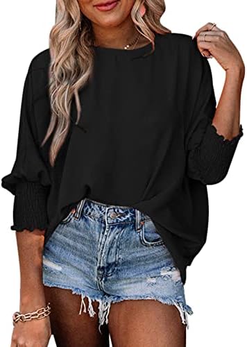 Dokotoo Casual Babydoll Tops Loose Scoop Neck Tops Blouses for Women 3/4 Smocked Puff Sleeve Shirts