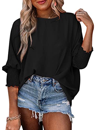 Dokotoo Womens Plus Size Scoop Neck Casual Tops Off The Shoulder Spring Summer Boho Tops Loose 3/4 Smocked Puff Sleeve Oversized Shirts Flowy Solid Color Blouses For Women Black Us(16-18) Xl #TOP7