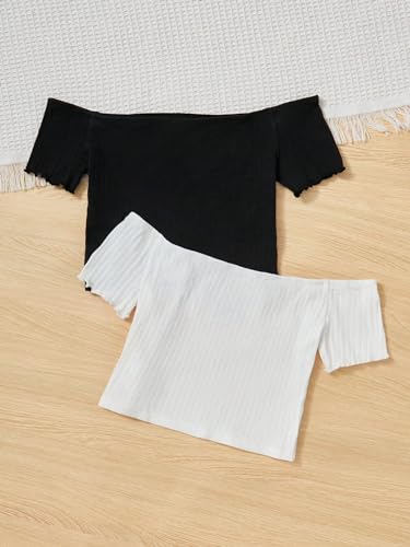 WDIRARA Girl's 2pcs Set Butterfly Print Ribbed Knit Off The Shoulder T Shirt Textured Slim Fit T Shirts2