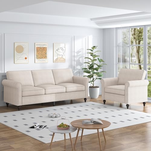 Image of ijuicy 2PCS Living Room Sectional Sofa Set,Modern Linen Upholstered Couch Set with with 5 inch Thicken Cushion & Nailhead Trim, Living Room Furniture Set- Armchair and 3 Seat Sofa(Beige)