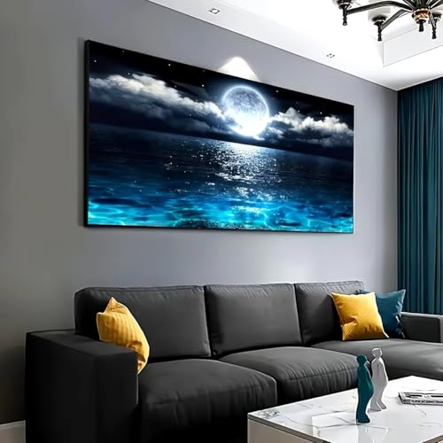 Tableau sur toile abstrait avec grand reflet de lune et châssis bois