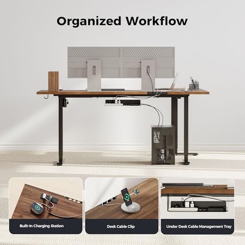 Image of Agilestic Electric L Shaped Standing Desk 63 x 48 Inch with Power Outlet, Height Adjustable Corner Stand up Desk with Cable Management,Sit Stand Home Office Workstation with Splice Board, Dark Walnut