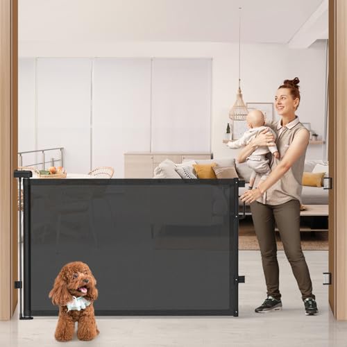 Image of 76 inch Retractable Baby Gates Extra Wide, Mesh Long Dog Gate for Deck | Indoor Outdoor Stair Gate for Wide Openings Doorways Hallways Porch, Child Pet Safety Essentials for Home, Black