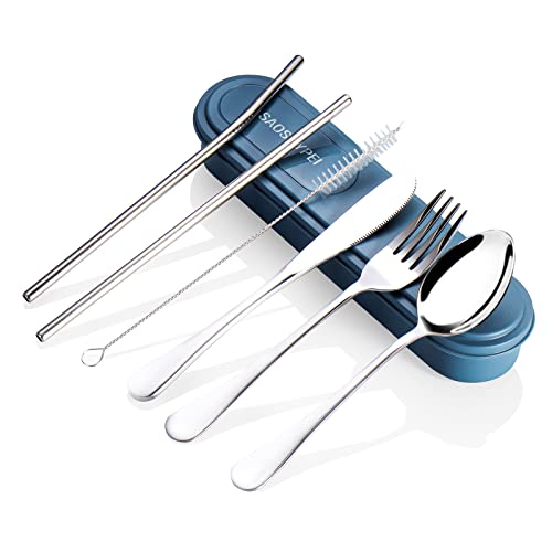 Image of Portable Utensils Set with Case, 4pcs Stainless Steel Reusable Silverware for Lunch Camping School Picnic Workplace Travel, Lunch Box Includ Fork Spoon Knife,Easy to clean,Dishwasher Safe(Black)