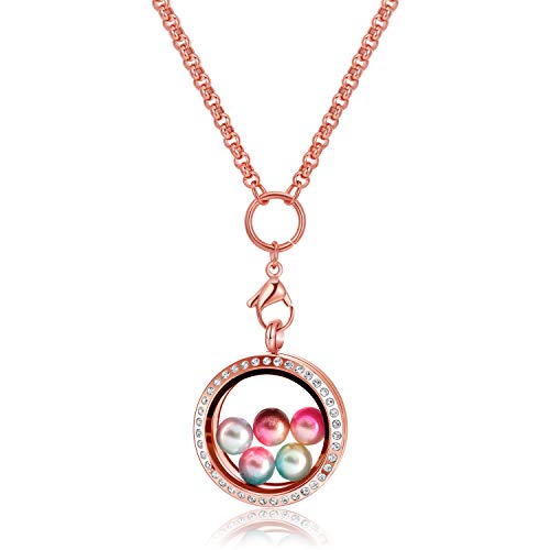 CF100 High Capacity Locket Pearl Locket Necklace Gift Set, Twist 316L Stainless Steel Pearl Locket Necklace Pearl Floating Charms Locket Necklace with 5 Pearls (Rose Gold + Crystals)