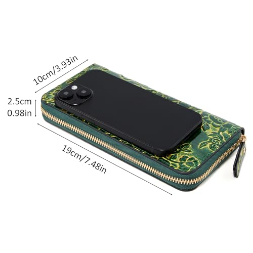 Embossed Wallets for Women Vintage Womens Wallets Floral PU Leather Zipper Card Holder Phone Checkbook Organizer(Green J6109)4