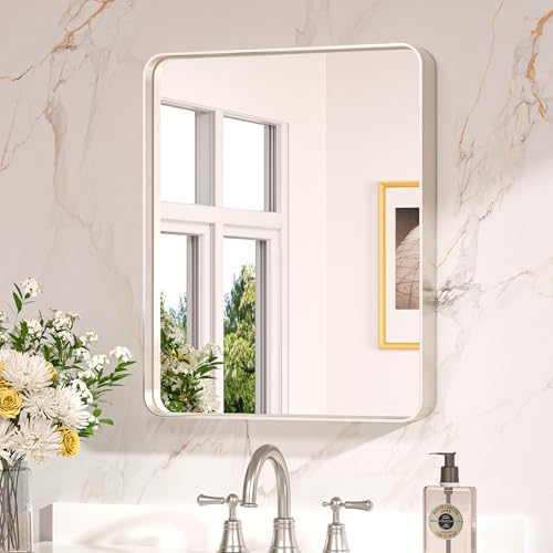 Keonjinn Badezimmerspiegel Nickel 40x50cm, Wandspiegel Badspiegel mit Metallrahmen, Gehärtetes Glas...