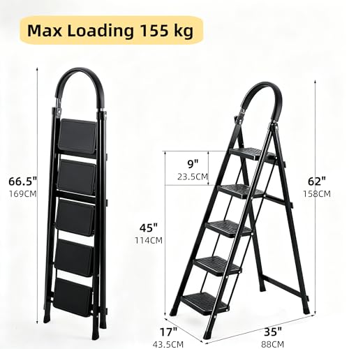 Image of BESTONE Foldable Step Ladder, Sturdy Steel Folding Stool with Wide Anti-Slip Pedals for Home, Kitchen, Garden & Office(Black ) (5 steps)