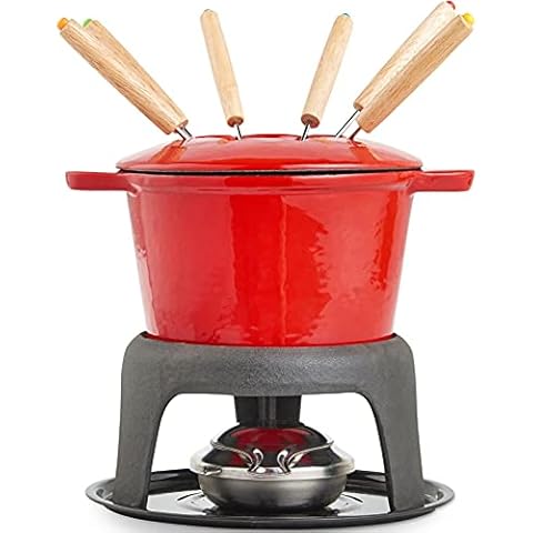 Cast Iron Meat/Cheese/Chocolate Fondue Set, with 130Mml Capacity and Gel Fuel Burner, Includes 6 Colour Coded Fondue Forks, Great for Parties Weddings Cover