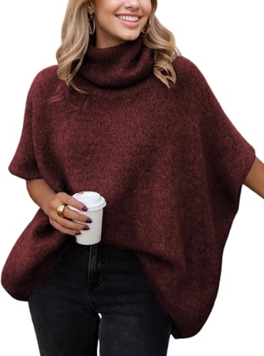 Image of Ynhonra Womens Turtleneck Sweater Oversized Chunky Batwing Sleeve Short Tops | Dolman Pullover