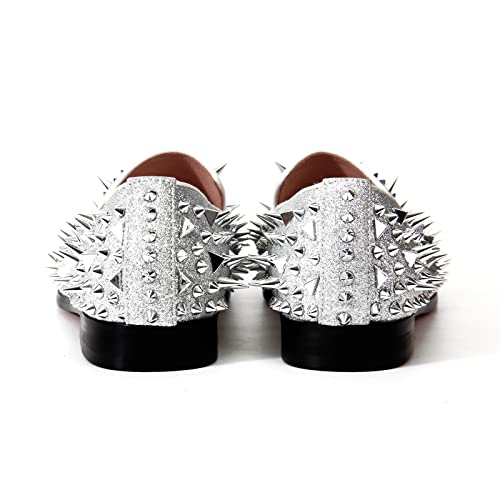 Jingyibest Men's Glitter Loafers Spikes Slippers,Formal Porm Dress Shoes Slip-On Flats Long Rivet Party Wedding Shoes（10.5 ，Silver）, Silver-2 #TOP5