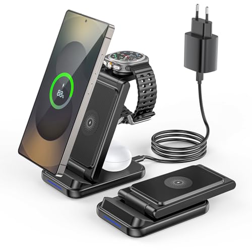 Cargador Inalámbrico 3 en 1 para Samsung   Estación de Carga Rápida Plegable con Doble Bobina Compatible con Galaxy Watch 7/6/5/4/3/Pro,Galaxy Buds, S25/S24 Ultra/S23/S22/S21/Note/Z Fold & i Phone