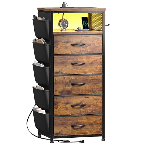 Image of EnHomee Night Stand with 5 Drawers, Dresser with Charging Station and LED Light, Tall Nightstand with Extra Side Bag & Hooks, Bedroom, Closet, Hallway, Entryway, Rustic Brown