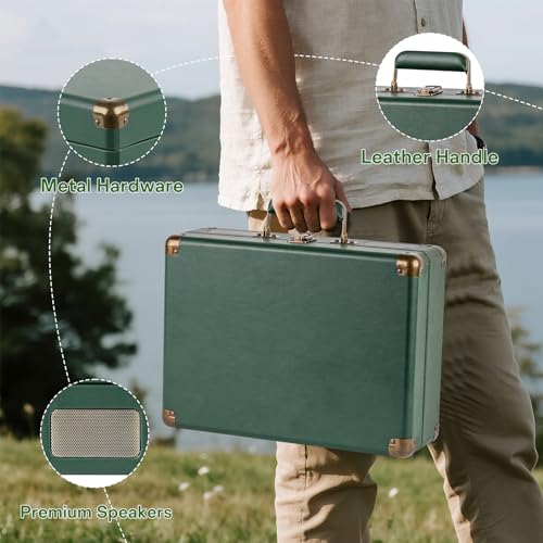 Image of Record Player Portable with Bluetooth Connection USB Playback and Built in Rechargeable Battery 3 Speed Turntable Suitcase Design Vinyl Player with Built in Speakers for Home or Travel