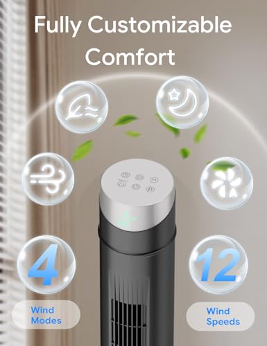 Image of ZAFRO Smart Tower Fan for Bedroom,120 Oscillating Fans that Blow Cold Air | 28ft /s High-Speed 12 Speeds 4 Modes Upgraded DC 22dB Ultra Quiet,Standing Fan with 12H Timer,36Inch,Dark Black
