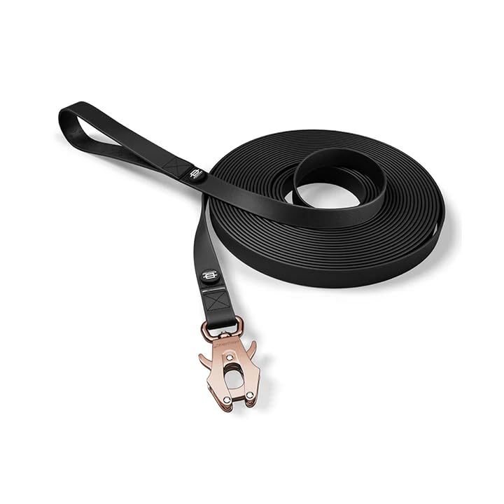 Bullyion ® Original Equipment 10M ELITE + Recall Dog Lead – Waterproof Marine Grade Matt Black Leatherette with Lockforce® Metal Clasp, Suitable for All Breeds Quartz Rose Gold Clasp