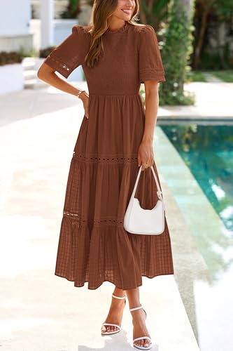 dowerme Summer Dresses for Women 2025 Casual Boho Hollow Out Short Sleeve Ruffle Mock Neck Smocked Maxi Gingham Sundress3