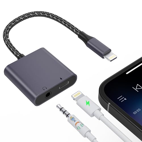 2 in 1 iPhone Microphone Adapter for Live-Streaming [MFi Certified], Lightning to 3.5mm Audio Jack and Charger Lightning Splitter, Apple Dongle Headphone Jack and Charger for iPhone 14/13/12/11/ iPad
