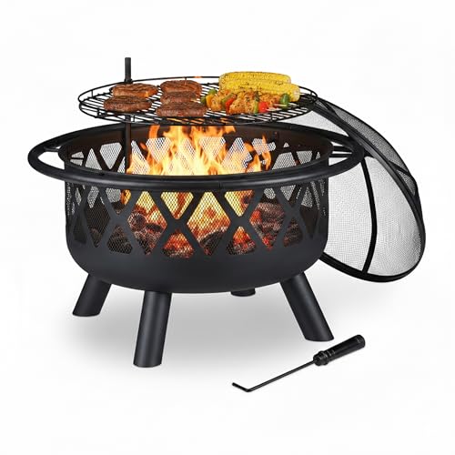 Relaxdays Feuerschale mit Grillrost, Funkenschutz & Schürhaken, Ø 75 cm, Stahl, Feuerstelle Garten & Terrasse, schwarz, 68.5 x 75 x 75 cm