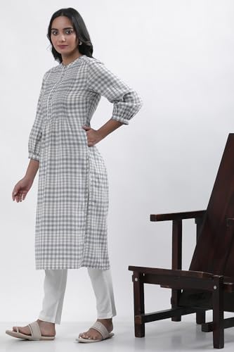 Image of W for Woman White Checked Print Cotton Straight Kurta