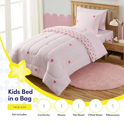 Image of Heart Comforter Set Twin Size for Girls - Soft Pink Bed in a Bag with Sheets, Pillowcases & Shams - Cute Kids Bedding with Love Hearts Design - Cozy Microfiber for Child or Tween Bedroom Decor