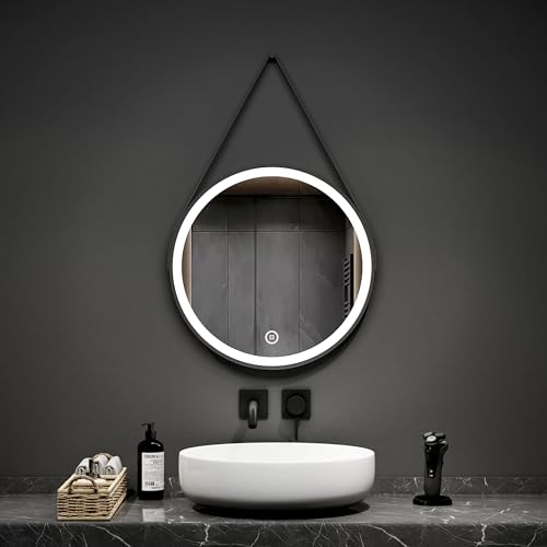 EMKE Round Bathroom Mirror with Leather Strap - 50CM Black Framed Bathroom Led Mirror with Touch Switch, Adjusting Brightness, Illuminated Smart Circular Mirror for Bedroom