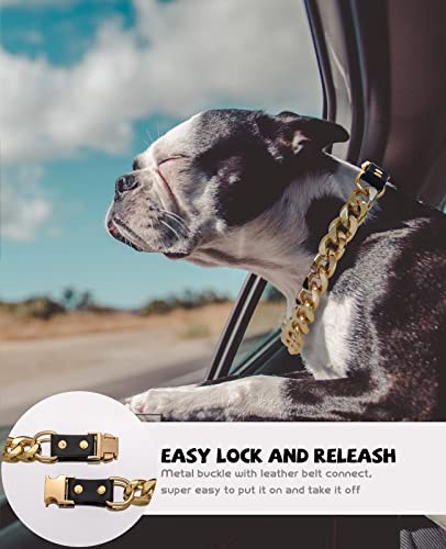 Gold Chain Dog Collar - 7/8 Inch Wide Metal Cuban Link Dog Necklace With Leather Belt, Lightweight Protect Puppy's Neck, Cute Fashion Dog Jewelry Accessories 24 Inches #TOP2