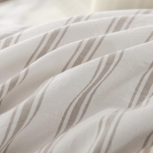 Image of BESTOUCH Duvet Cover Set 100% Washed Cotton Linen Feel Super Soft Comfortable Chic Lightweight 3 PCs Home Bedding Set White & Linen Grey Stripes Twin